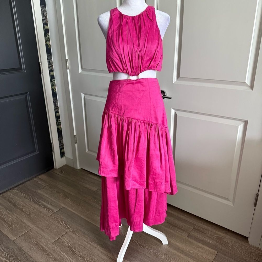 Aje Fuchsia Pink Linen Caliente Cut Out Midi Dress with Ruffle Hem Size 8